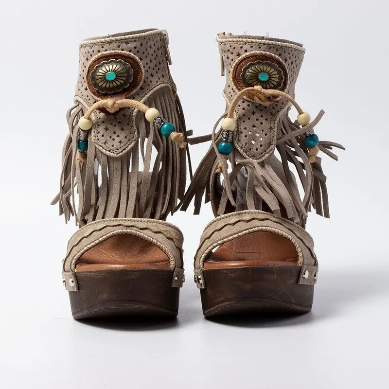 Platform Boot Sandals In 3 Different Colors With Fringe Silver Conchos And Turquoise Wooden Beads Vegan Leather Boho Booties Tan Taupe Or Champagne Pink