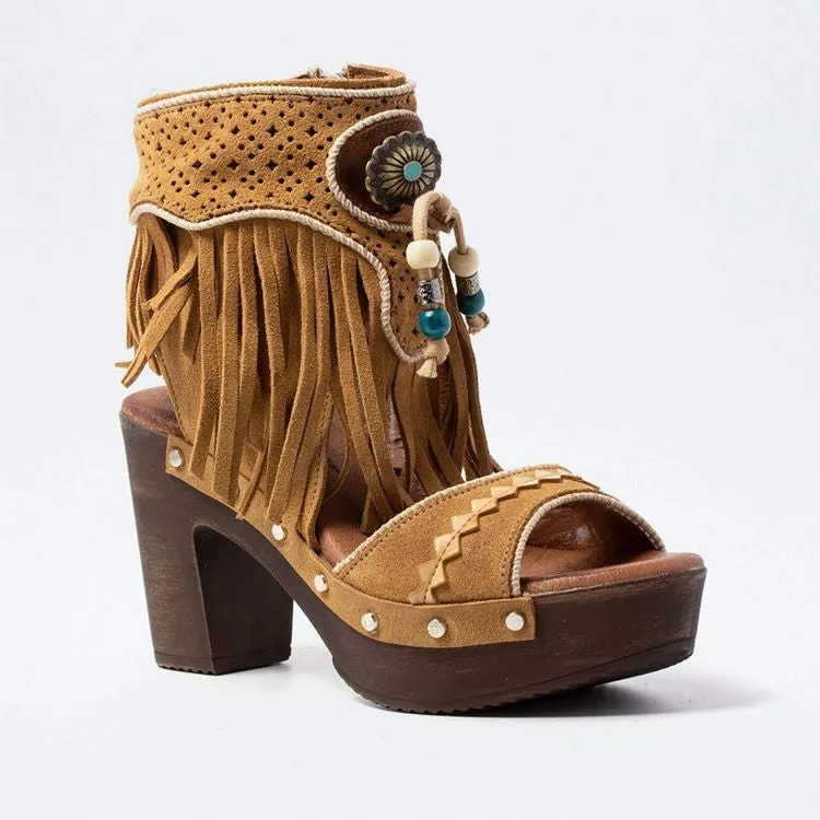 Platform Boot Sandals In 3 Different Colors With Fringe Silver Conchos And Turquoise Wooden Beads Vegan Leather Boho Booties Tan Taupe Or Champagne Pink