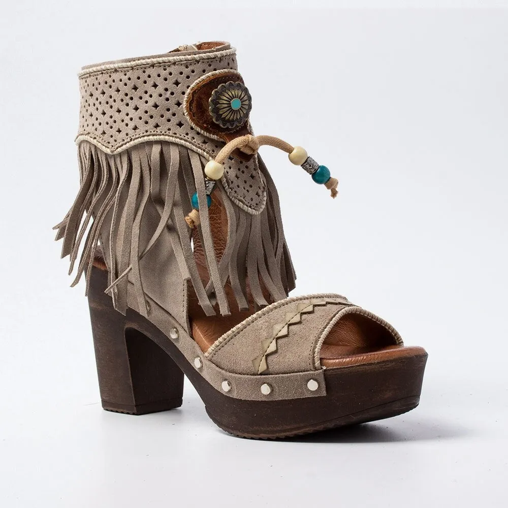 Platform Boot Sandals In 3 Different Colors With Fringe Silver Conchos And Turquoise Wooden Beads Vegan Leather Boho Booties Tan Taupe Or Champagne Pink