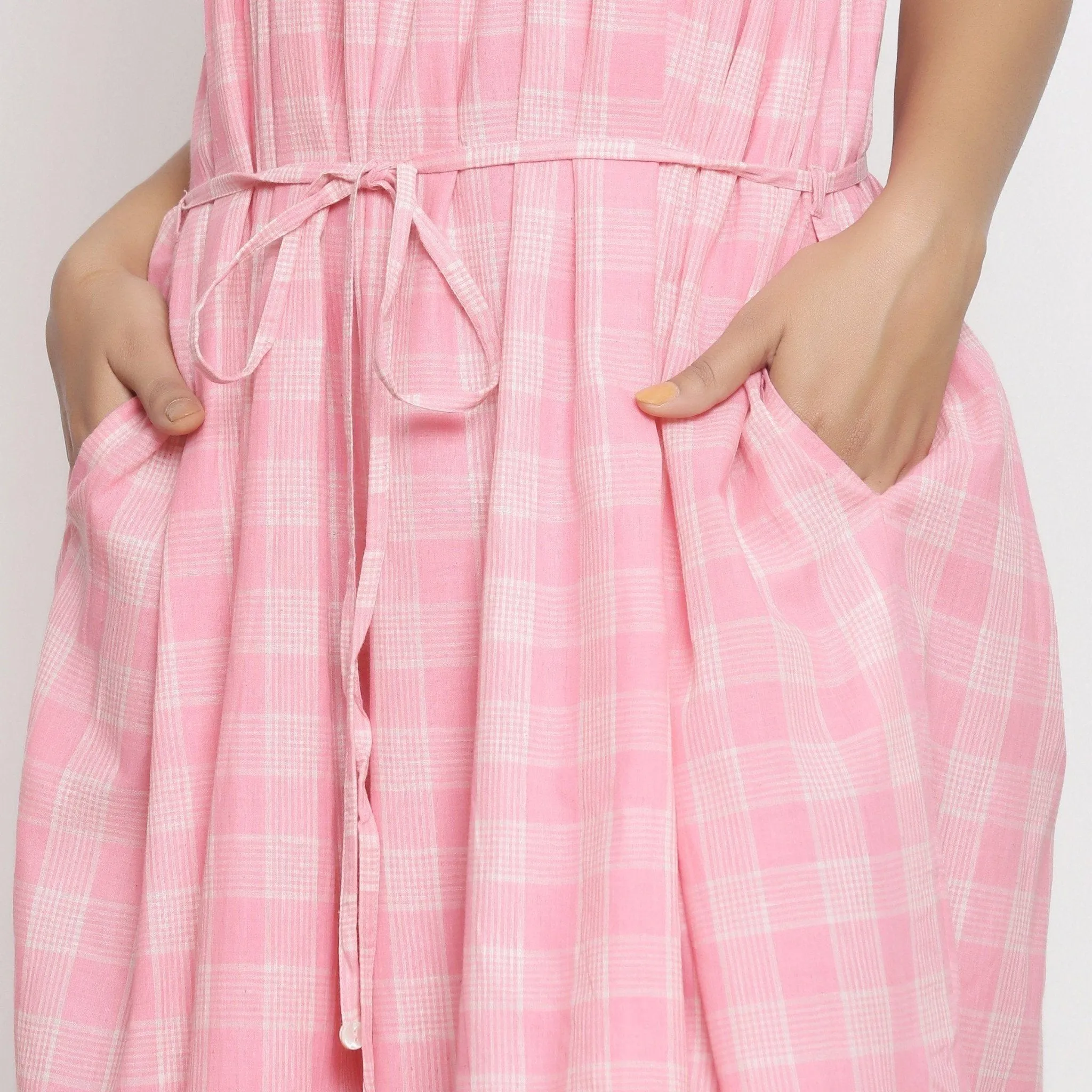 Powder Pink Checks Cotton Muslin Gathered Maxi Dress