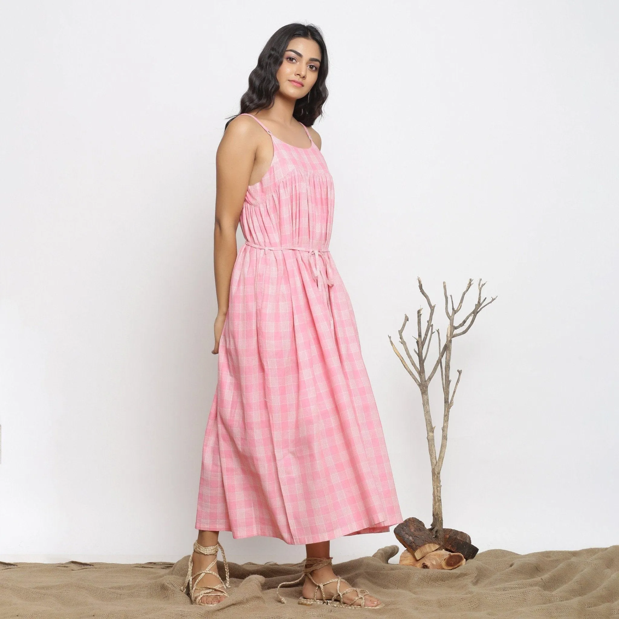 Powder Pink Checks Cotton Muslin Gathered Maxi Dress