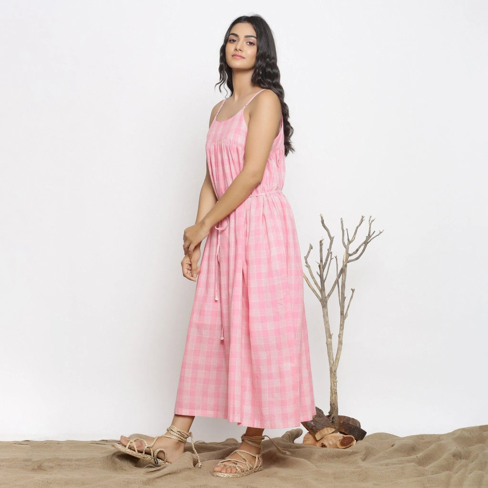 Powder Pink Checks Cotton Muslin Gathered Maxi Dress