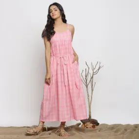 Powder Pink Checks Cotton Muslin Gathered Maxi Dress