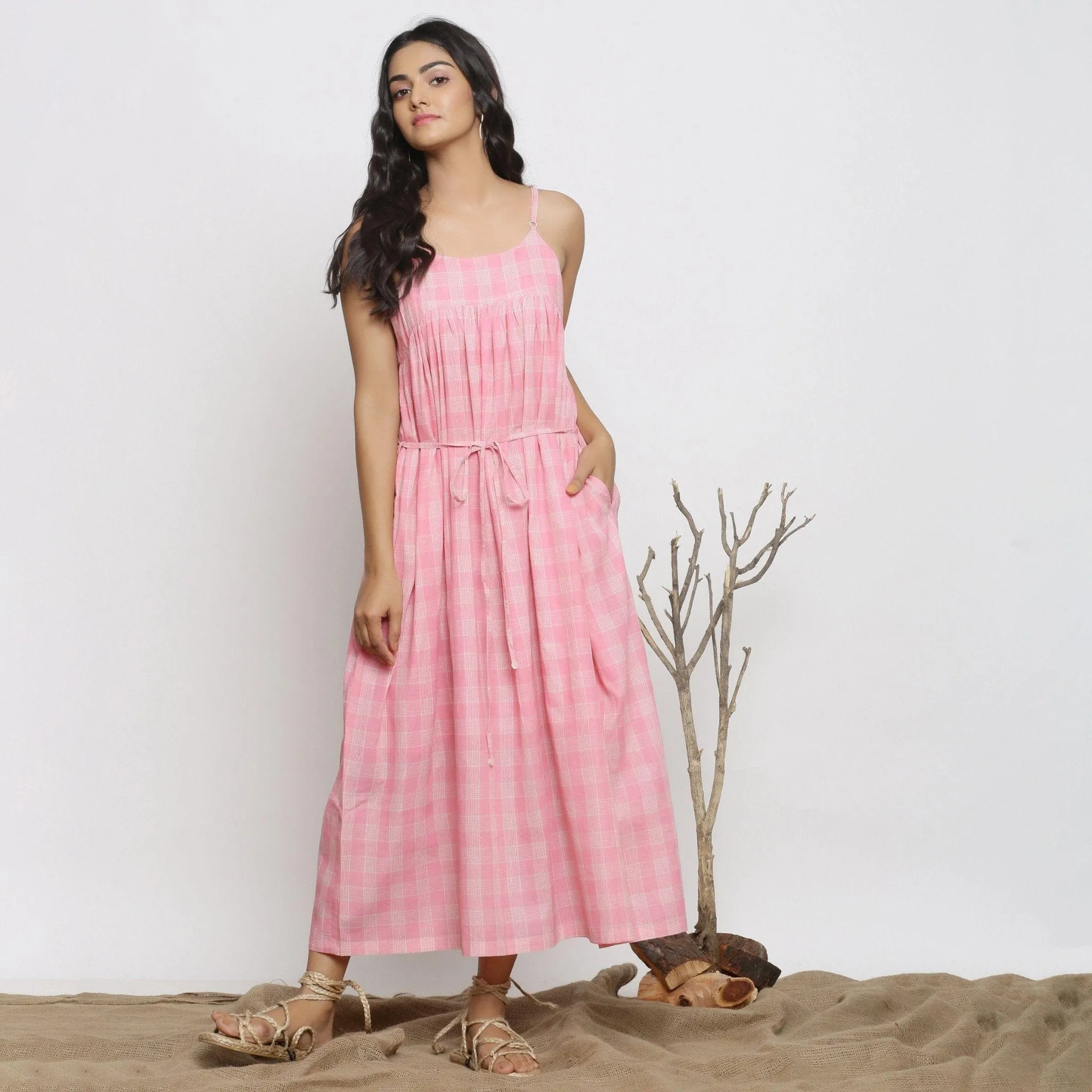 Powder Pink Checks Cotton Muslin Gathered Maxi Dress