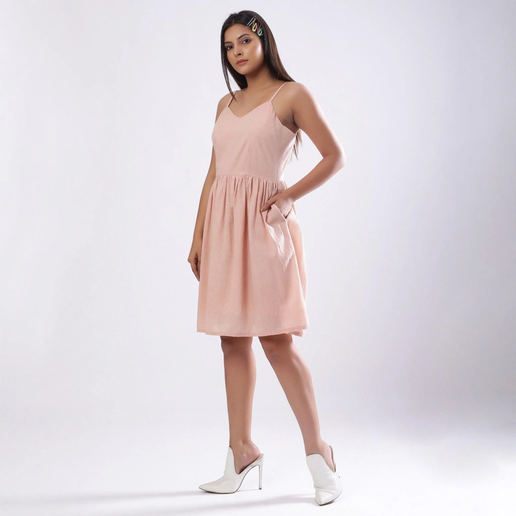 Powder Pink Cotton Muslin Knee Length Camisole Dress