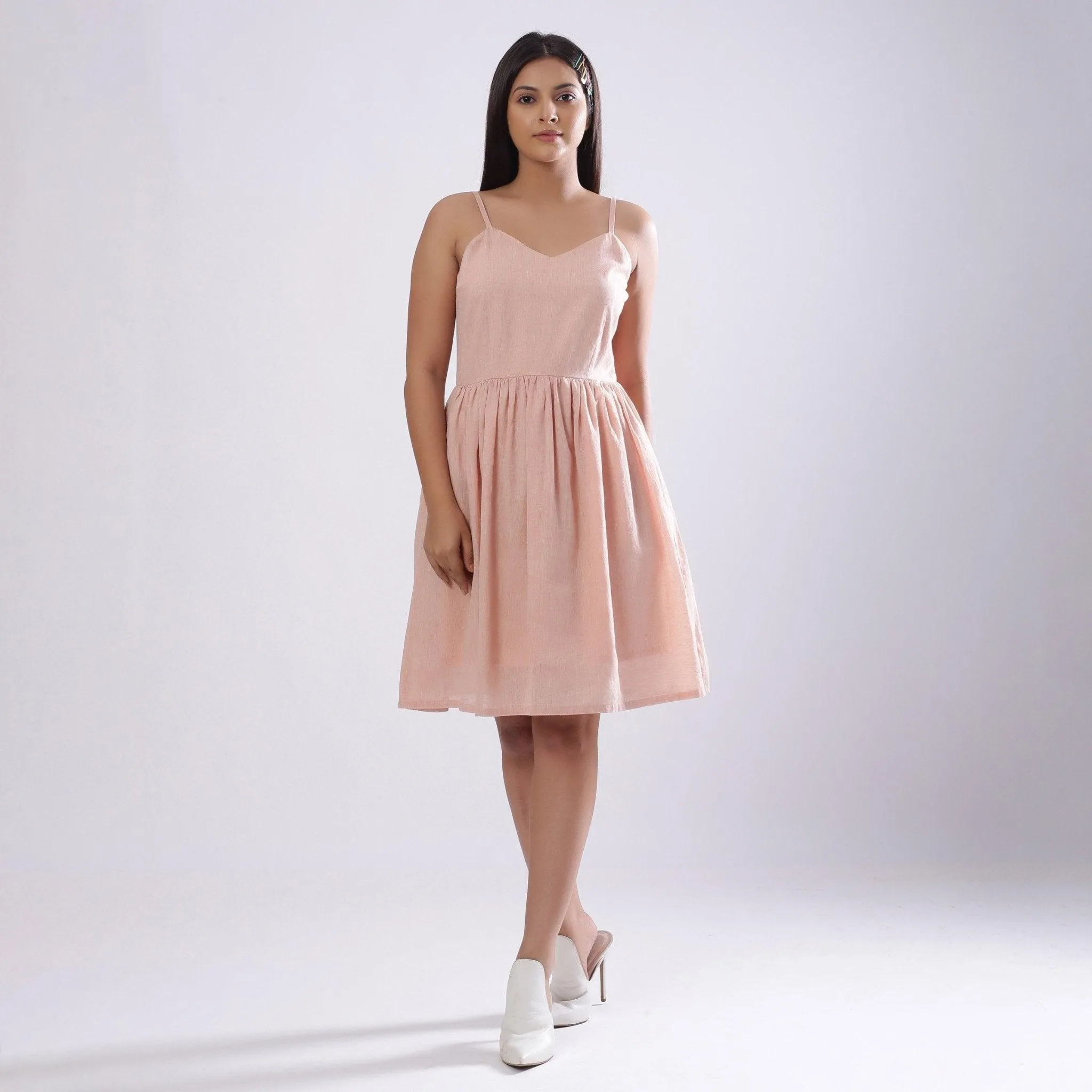 Powder Pink Cotton Muslin Knee Length Camisole Dress