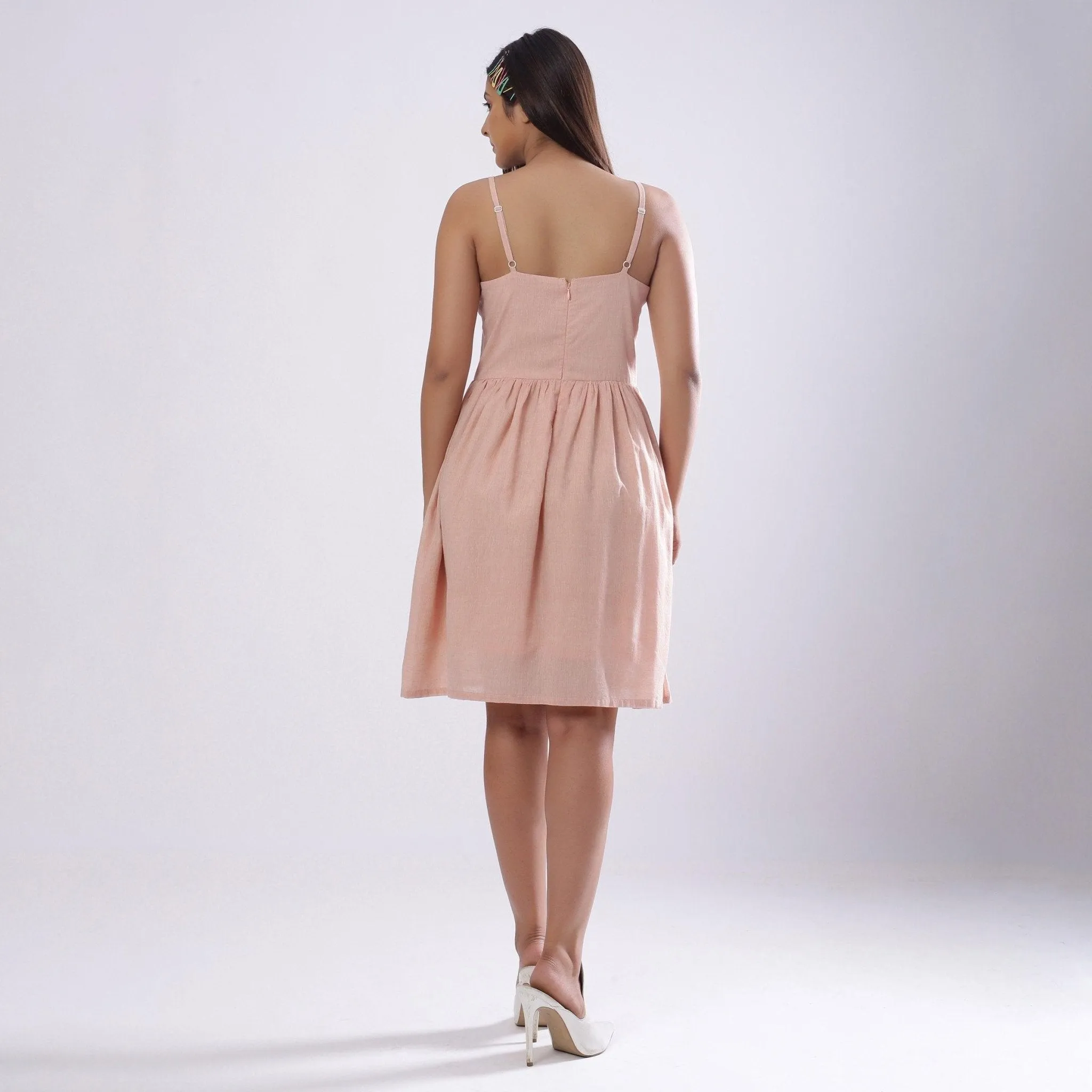 Powder Pink Cotton Muslin Knee Length Camisole Dress