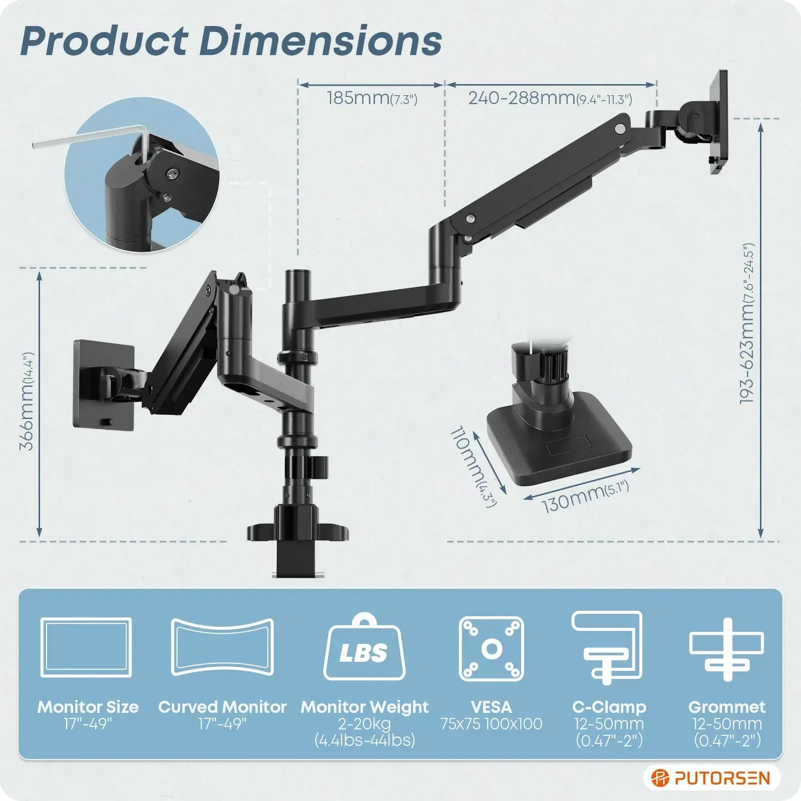 PUTORSEN 17-49 inch Premium Aluminum Heavy Duty Dual Monitor Arm for Ultrawide Screens