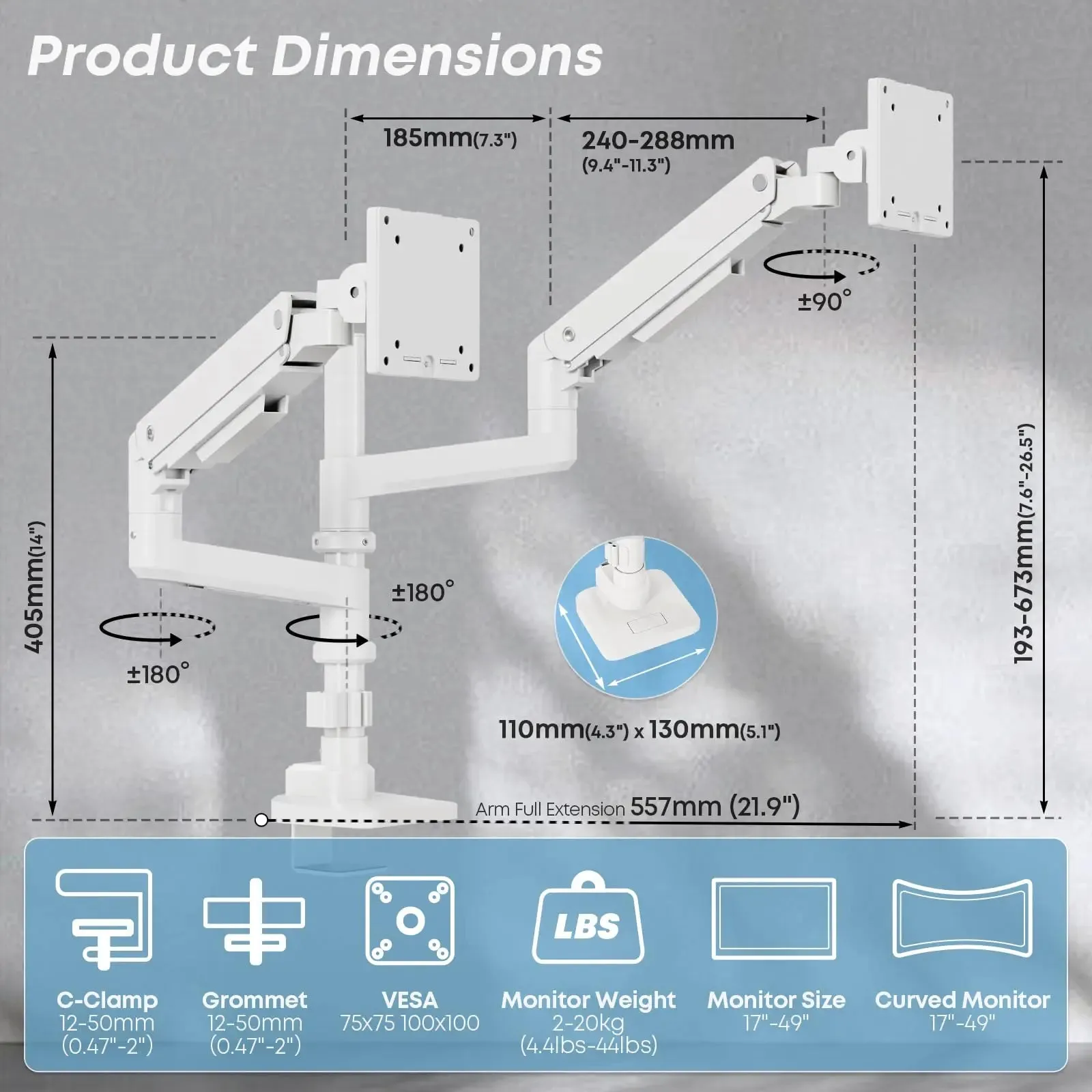 PUTORSEN 17-49”Premium Aluminum Heavy Duty Dual Monitor Arm for Ultrawide Screens up to 44lbs, Vertical Stacked Dual Monitor Desk Mount, Full Motion Dual Vertical Monitor Mount, VESA 75/100, White