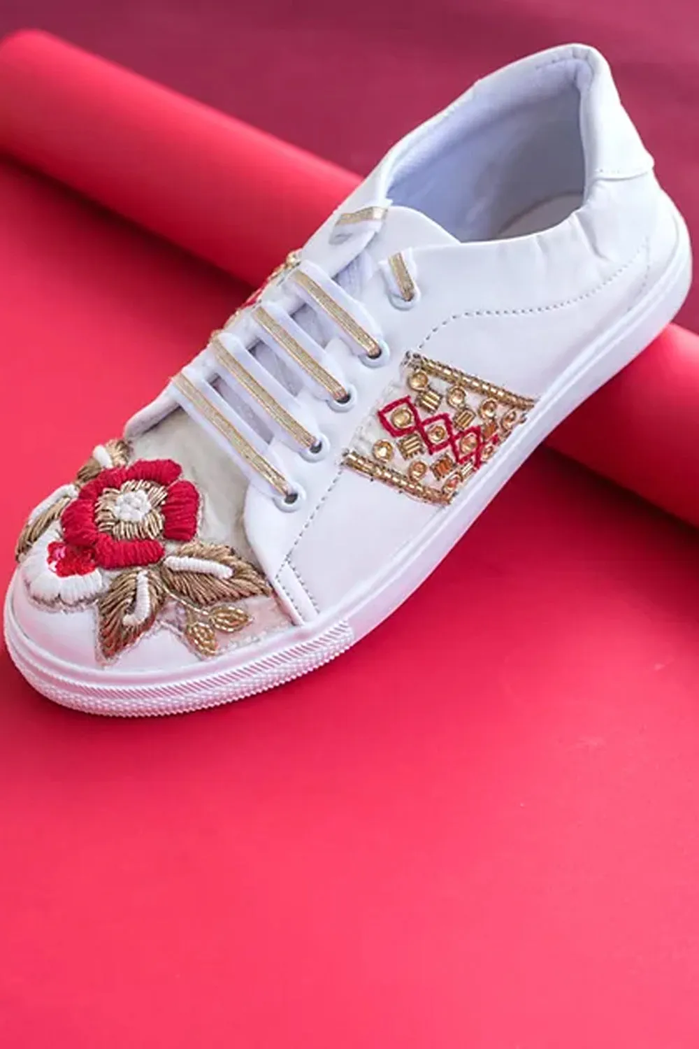 Rose Embroidered Red And White Sneakers