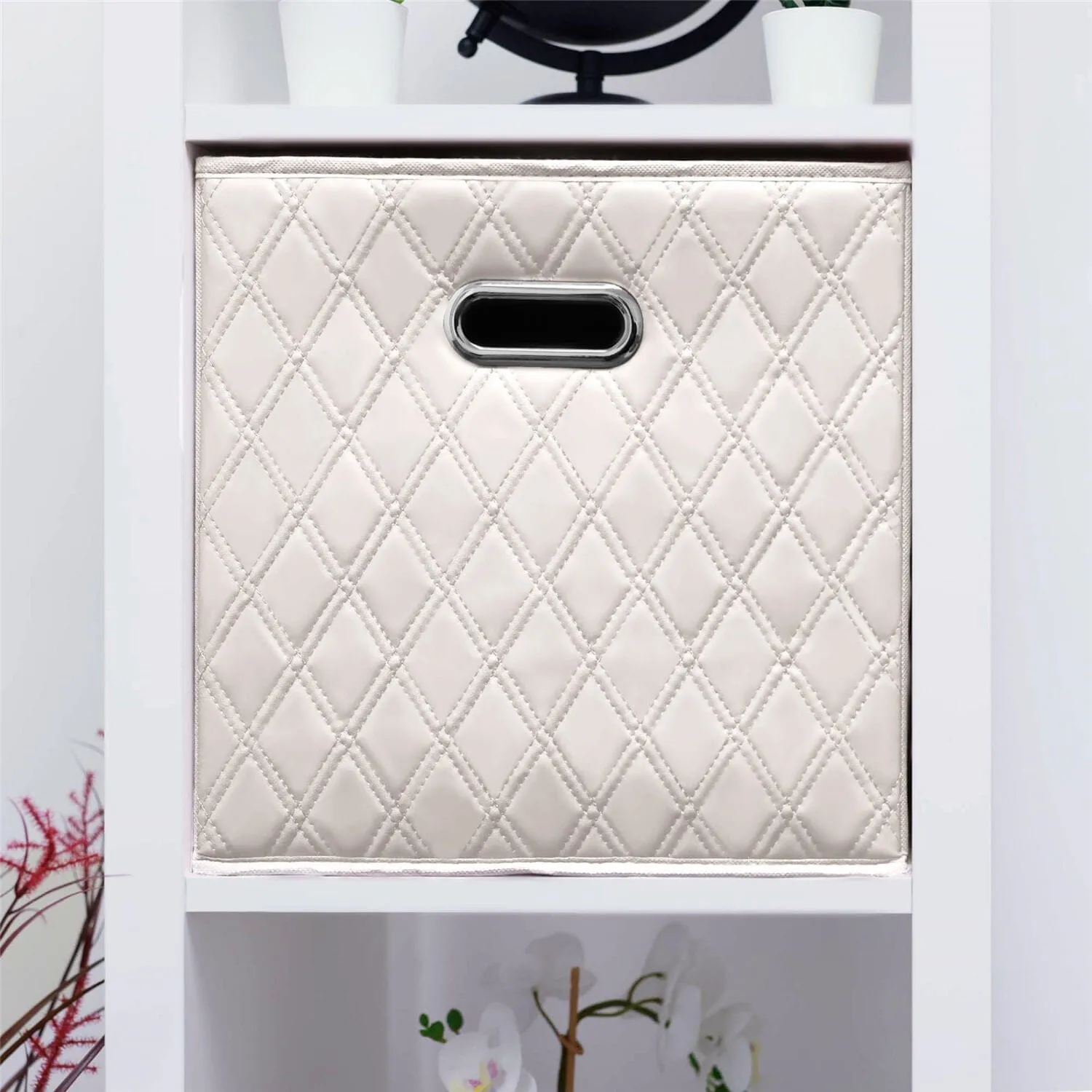 Set of 2: 11-13" Foldable Diamond Patterned Faux Leather Storage Cube Bins