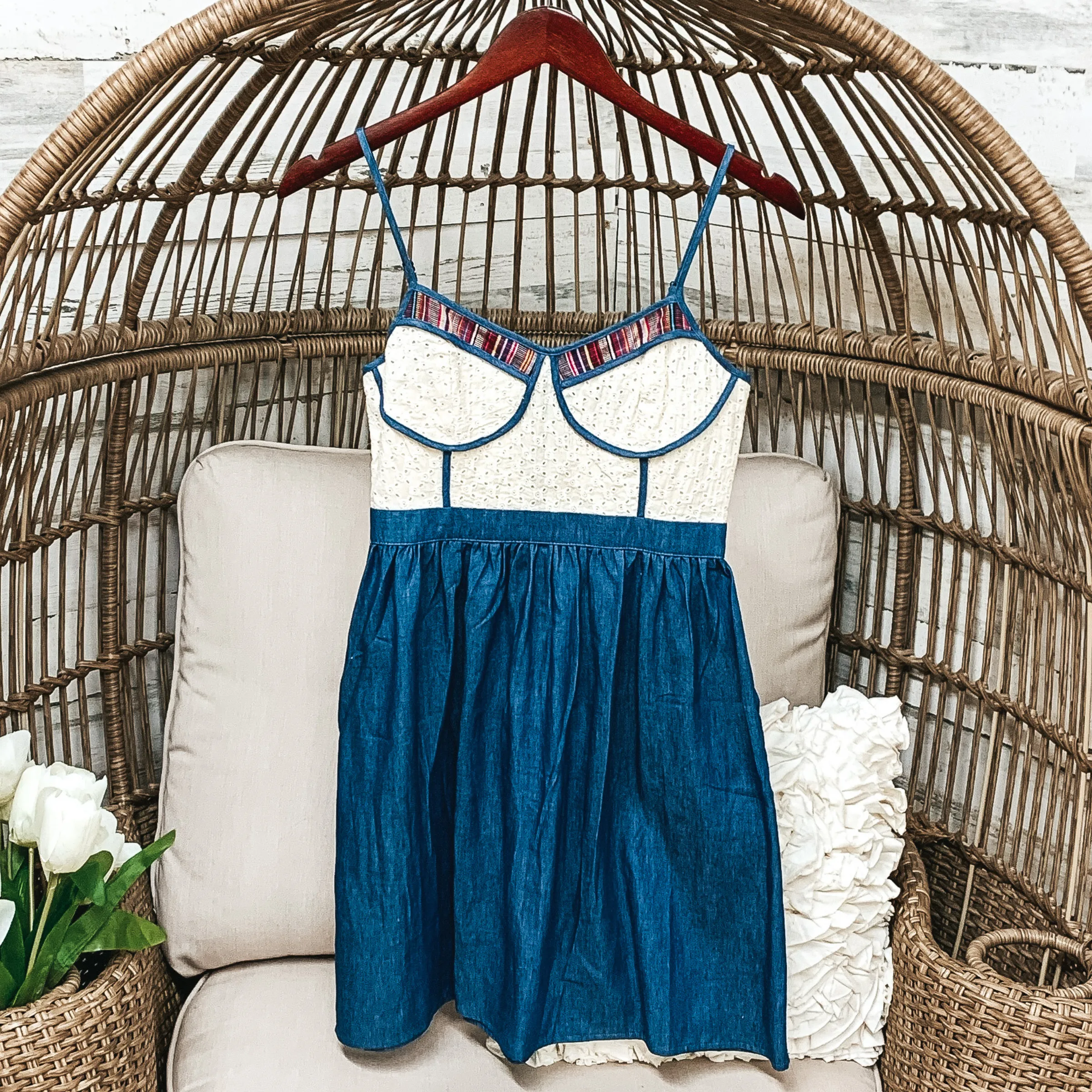 Spaghetti Strap Denim Dress with Ivory Lace Upper