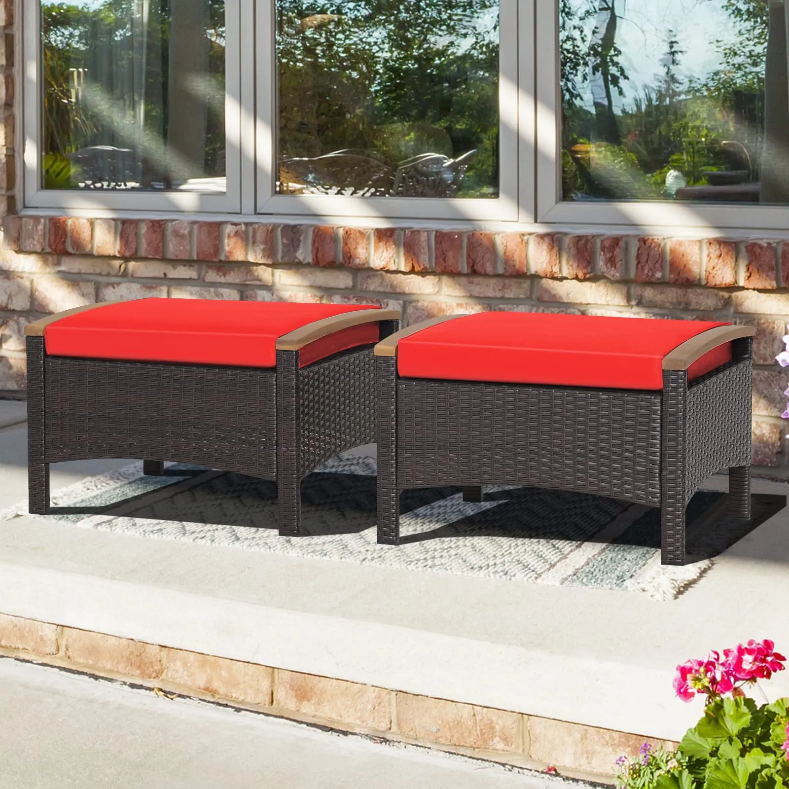 Tangkula 2 Piece Patio Rattan Ottomans, Outdoor Wicker Footstool