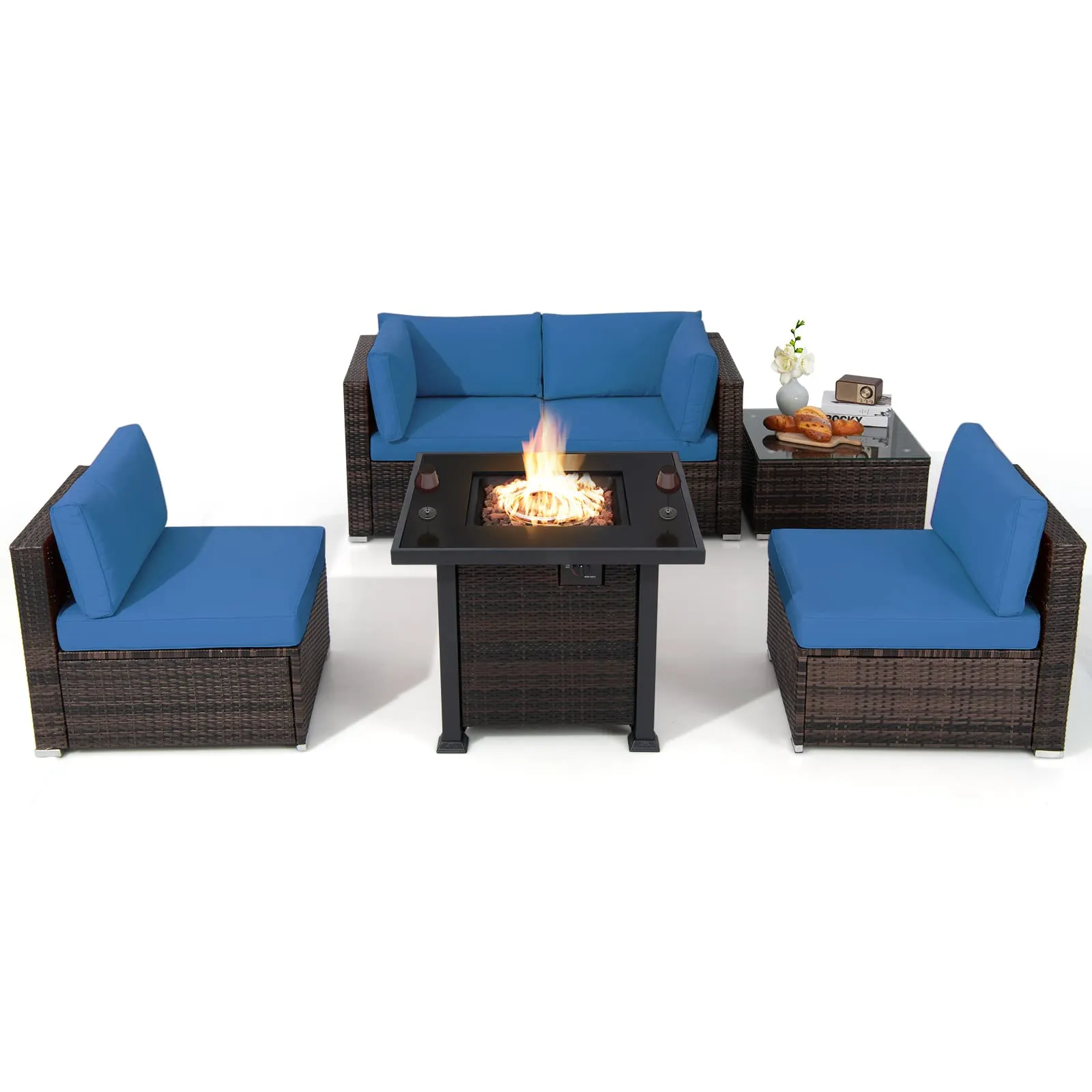 Tangkula 6 Piece Patio Wicker Conversation Set, Outdoor Rattan Sofa Set