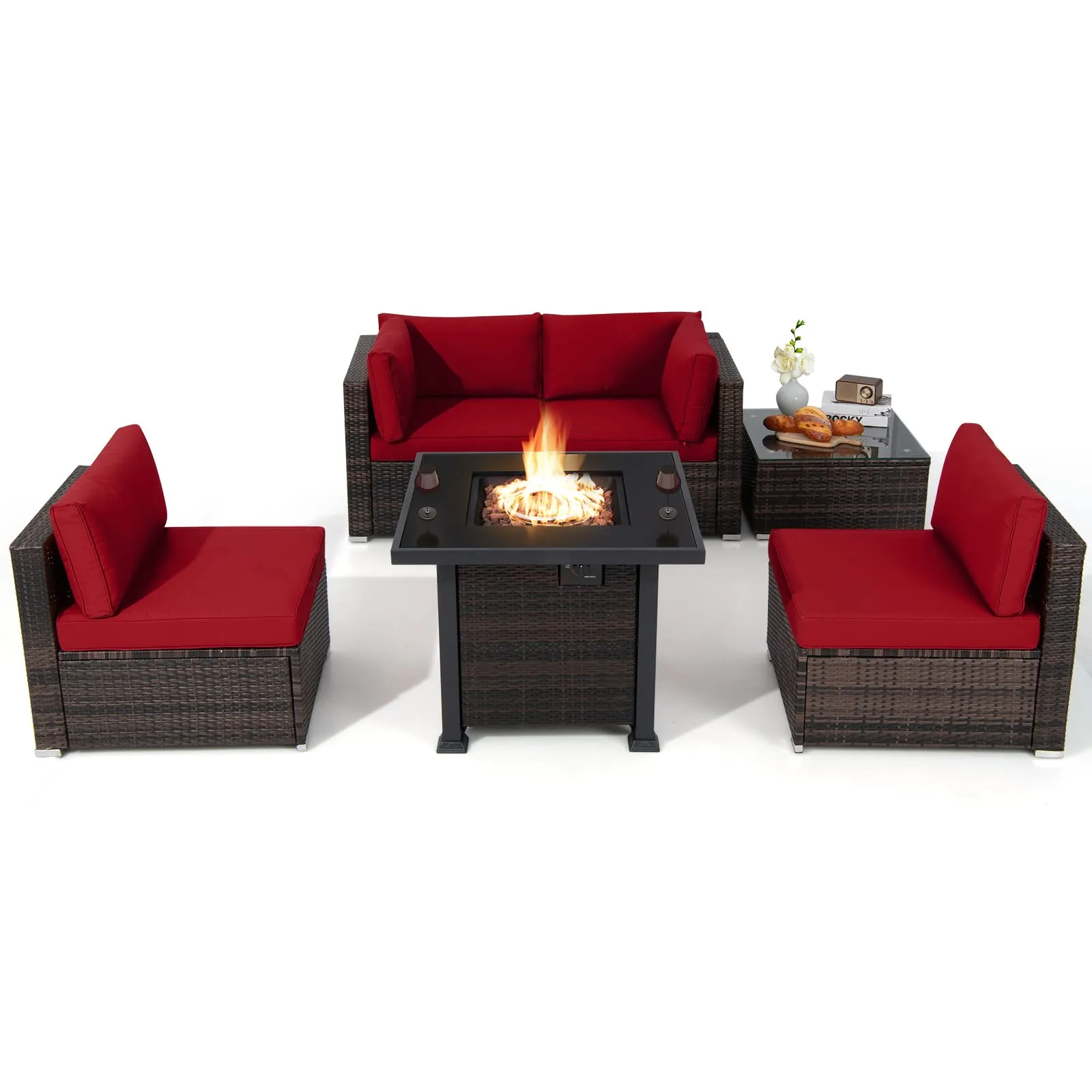 Tangkula 6 Piece Patio Wicker Conversation Set, Outdoor Rattan Sofa Set