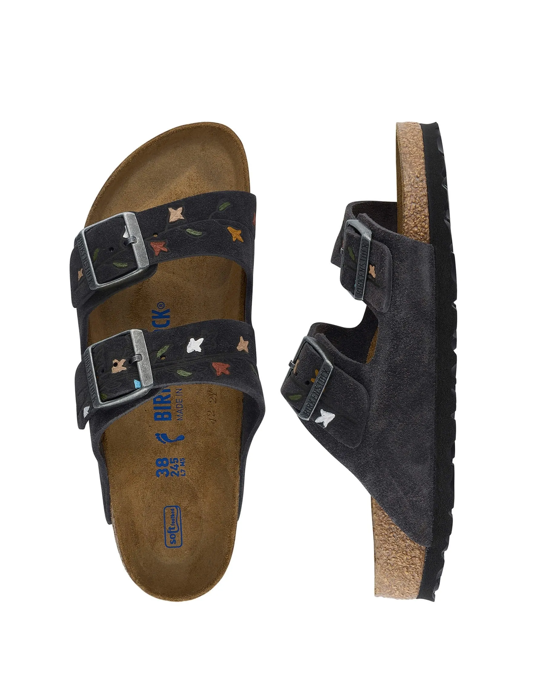 The BIRKENSTOCK Arizona with Hand Painted Tooled Tulip. -- Velvet Gray with Multi