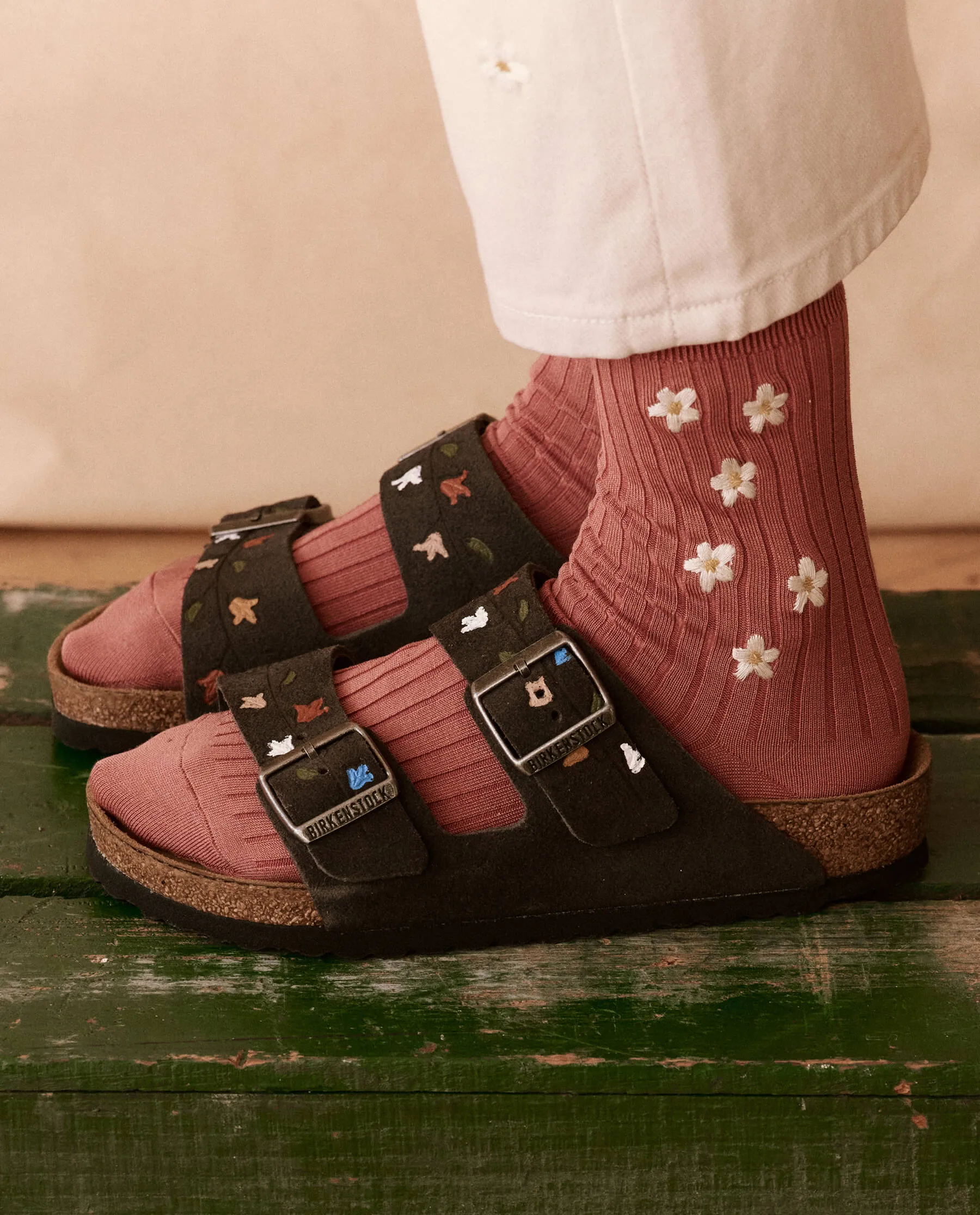 The BIRKENSTOCK Arizona with Hand Painted Tooled Tulip. -- Velvet Gray with Multi