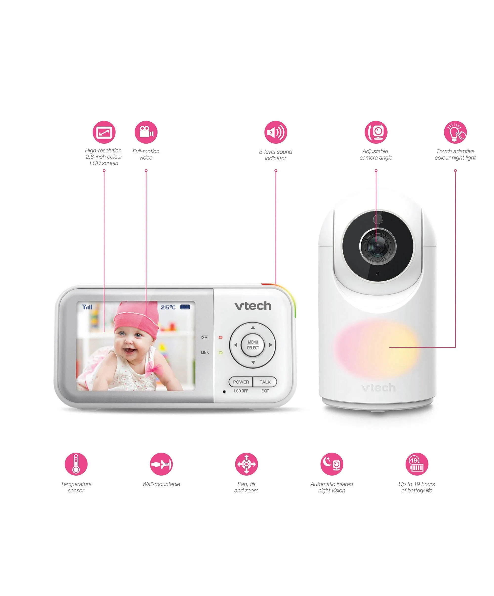 VTech VM3263 2.8" Video Baby Monitor with Night Light in White