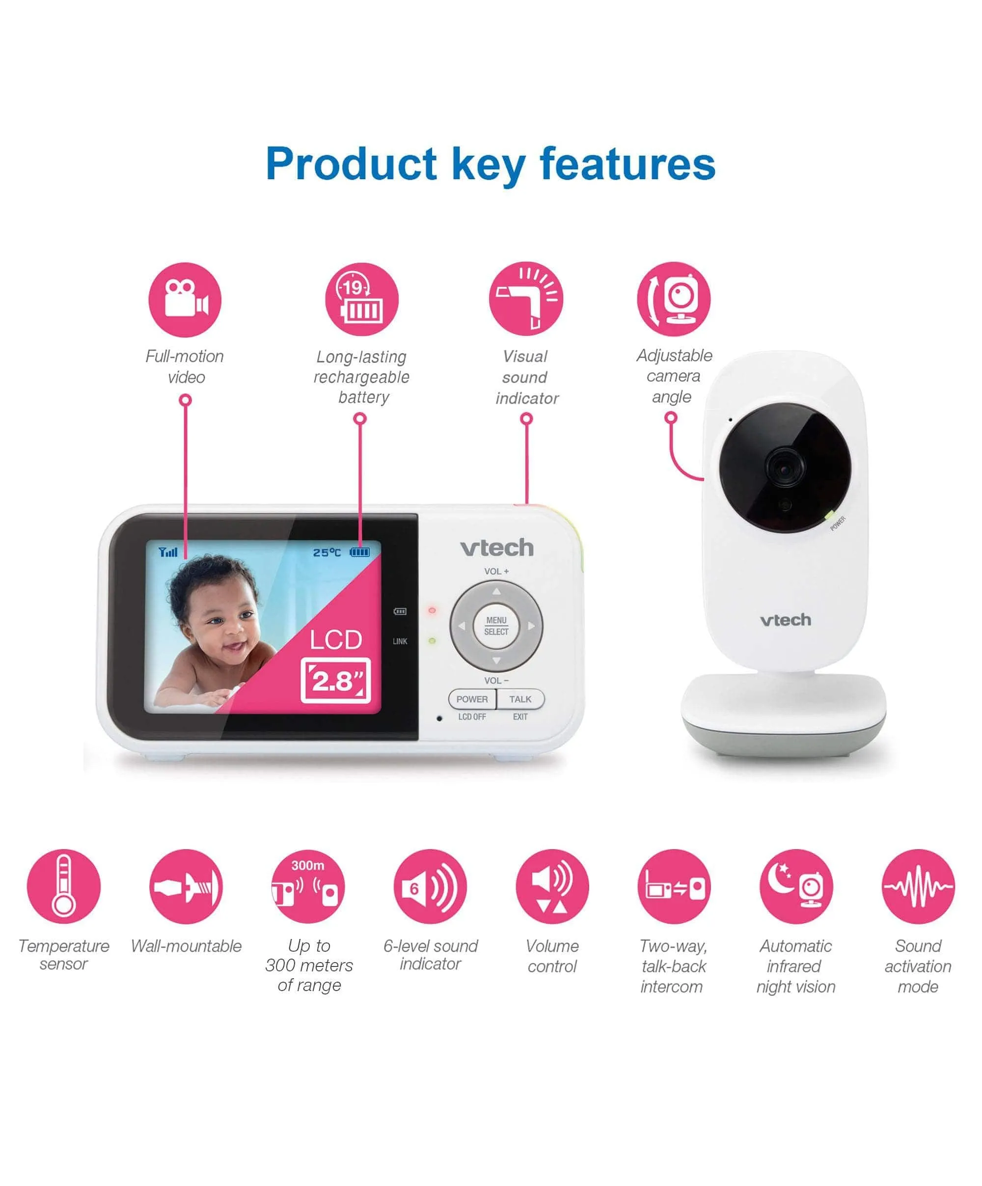 VTech VM819 2.8" Digital Video Baby Monitor- White