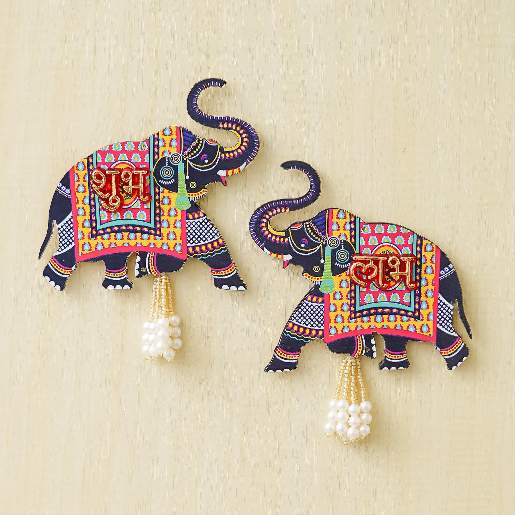 Webelkart Premium Elephant Designer Set of 2 with Shubh Labh Wall Hanging for Diwali Decoration| Wall Decor |Temple Decor Wall Hanging |Pooja and Home Decor Hanging (5.5" Inches)