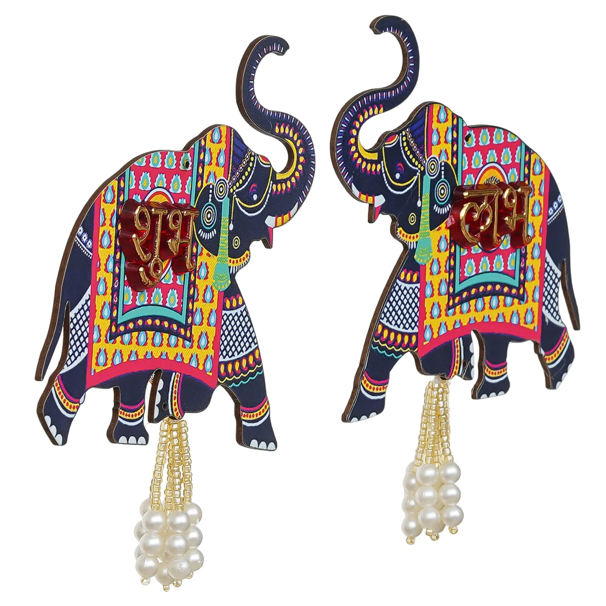 Webelkart Premium Elephant Designer Set of 2 with Shubh Labh Wall Hanging for Diwali Decoration| Wall Decor |Temple Decor Wall Hanging |Pooja and Home Decor Hanging (5.5" Inches)