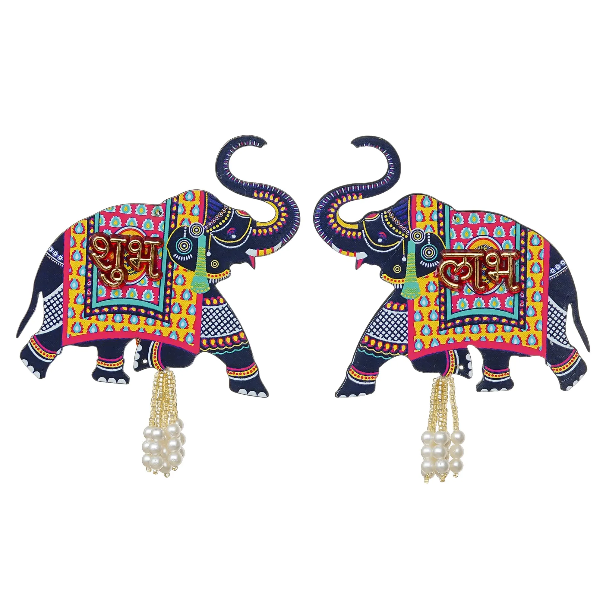 Webelkart Premium Elephant Designer Set of 2 with Shubh Labh Wall Hanging for Diwali Decoration| Wall Decor |Temple Decor Wall Hanging |Pooja and Home Decor Hanging (5.5" Inches)