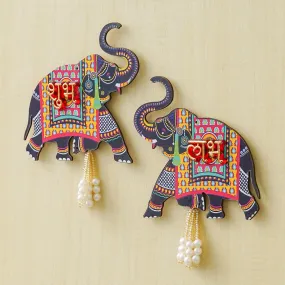 Webelkart Premium Elephant Designer Set of 2 with Shubh Labh Wall Hanging for Diwali Decoration| Wall Decor |Temple Decor Wall Hanging |Pooja and Home Decor Hanging (5.5" Inches)