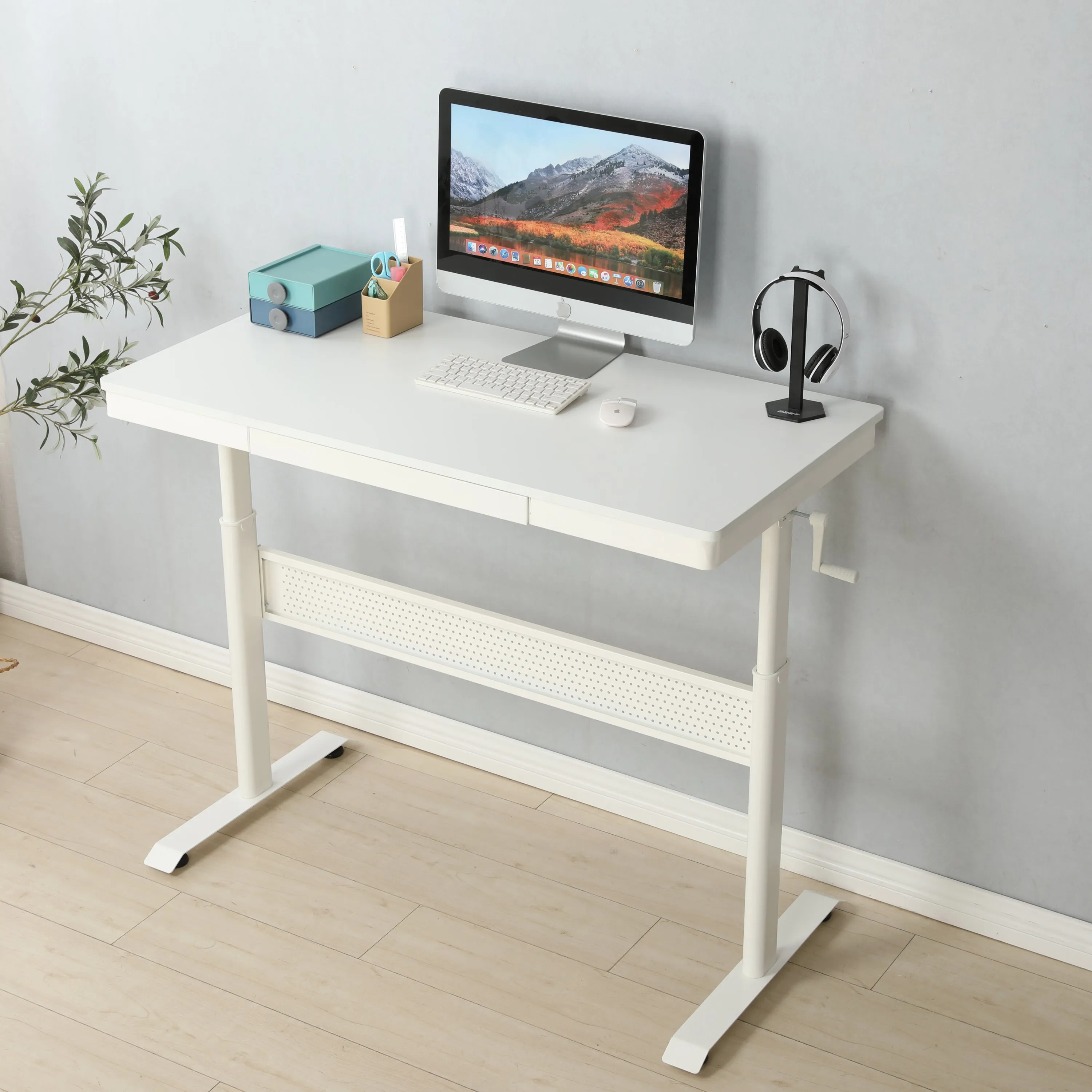 White Ergonomic Standing Desk 48x24 with Metal Drawer