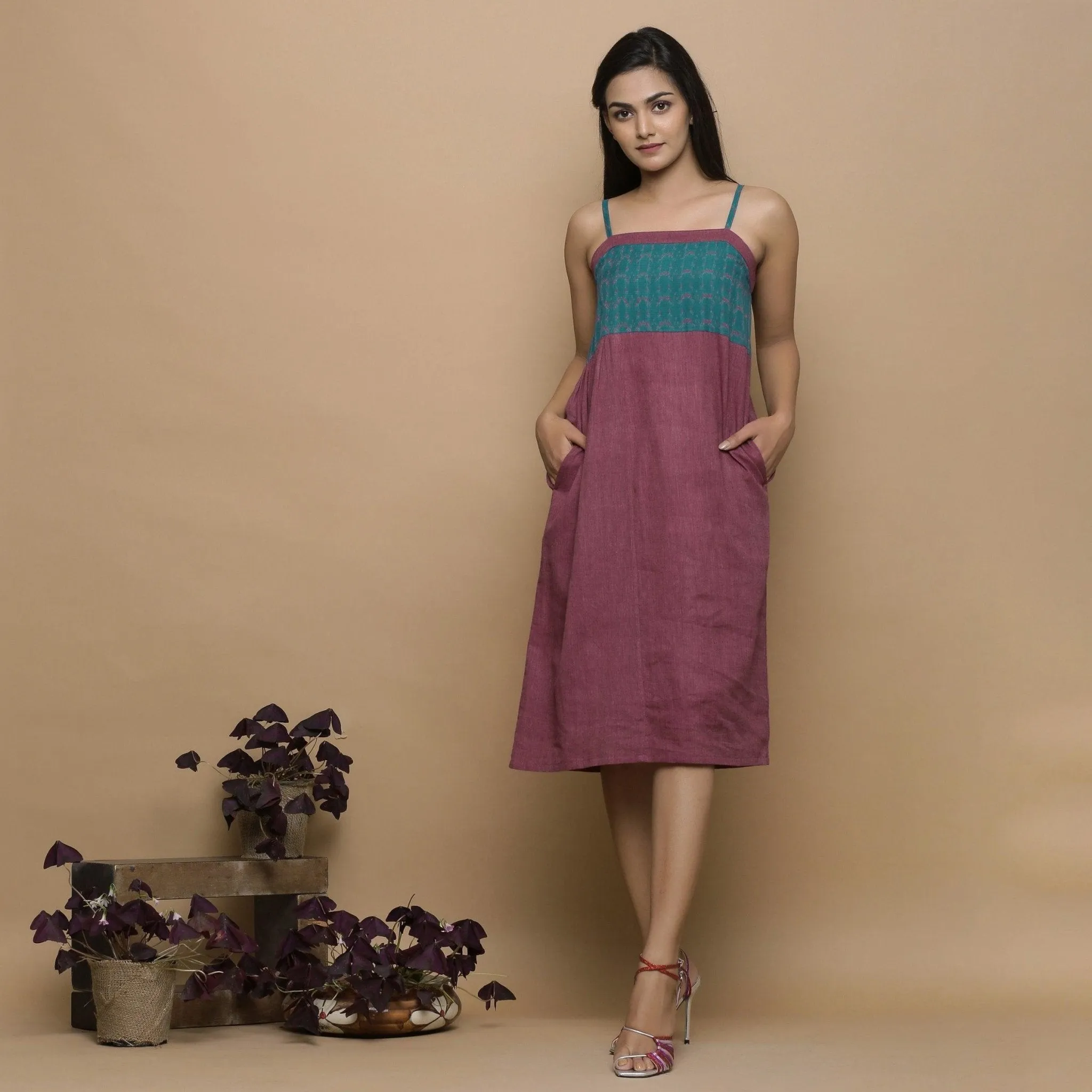 Wine Ikat Handspun Cotton Knee Length Gathered Camisole Dress