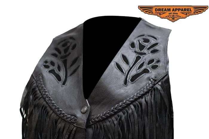 Women Black Rose Inlay Motorcycle Vest