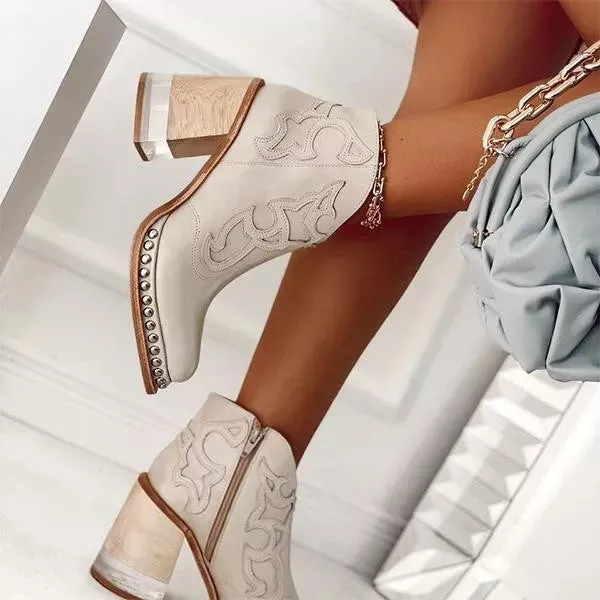 Women's Embroidered Studs Crystal High Heel Booties