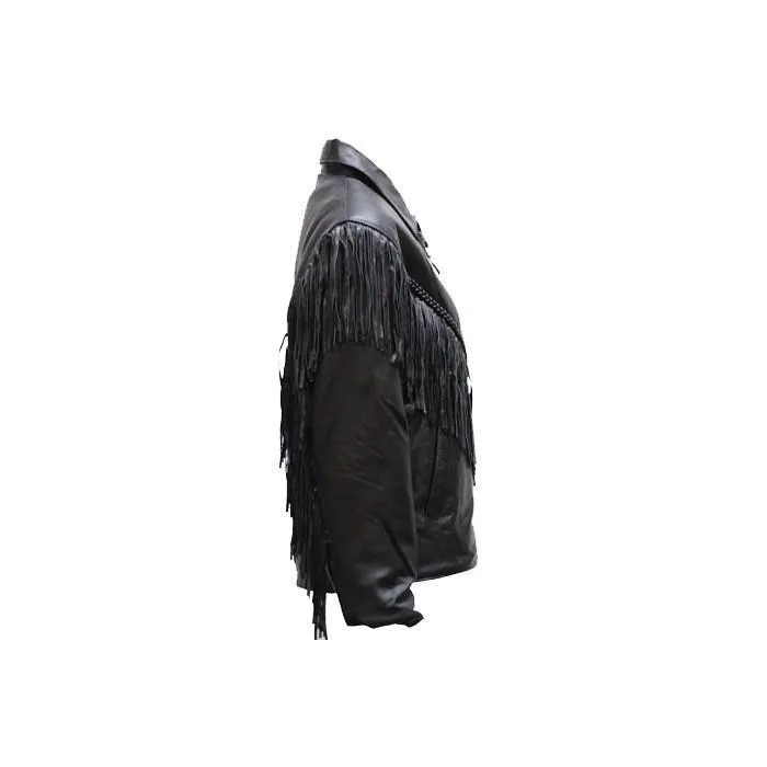 Women's Leather Motorcycle Jacket With Braid & Fringes, LJ246-01-DL