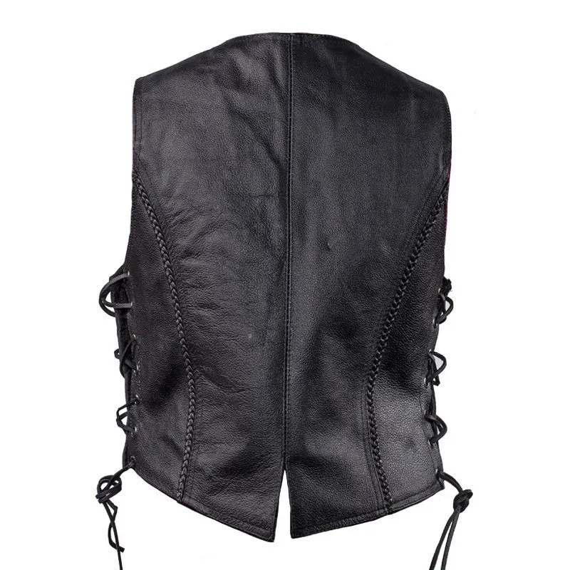 Women's Longer Cut Black Naked Leather Motorcycle Vest With Braid on Front and Back Side Laces