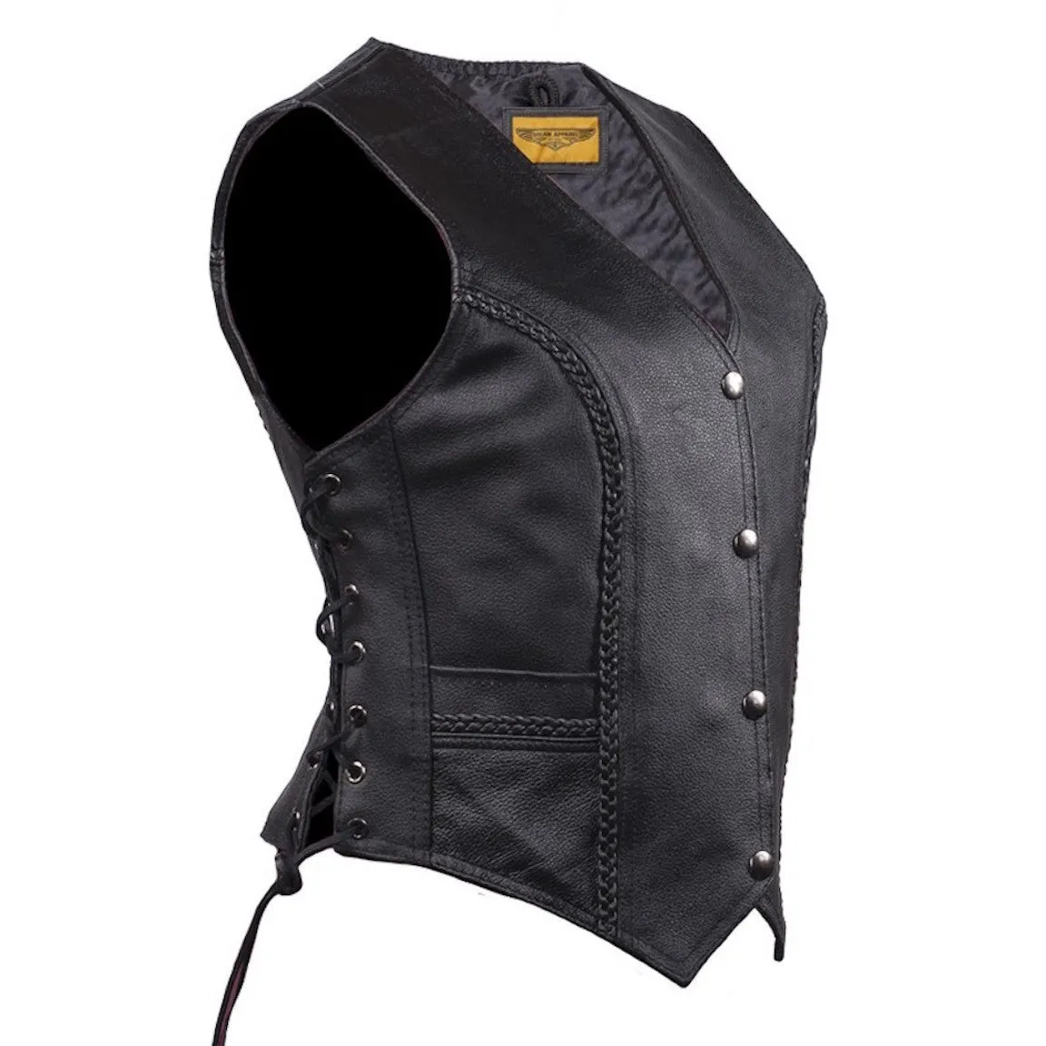 Women's Longer Cut Black Split Leather Motorcycle Vest With Braid on Front and Back Side Laces