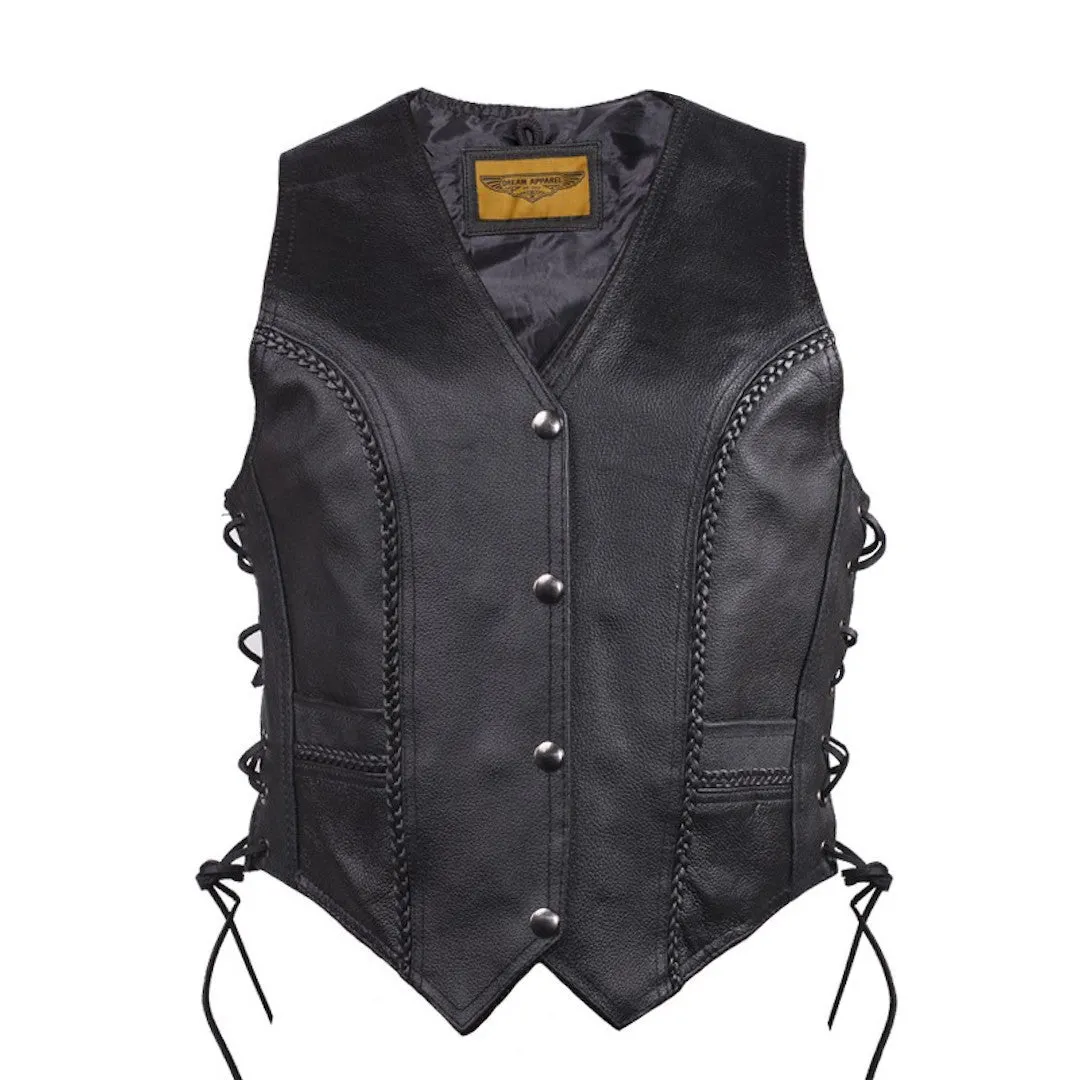 Women's Longer Cut Black Split Leather Motorcycle Vest With Braid on Front and Back Side Laces