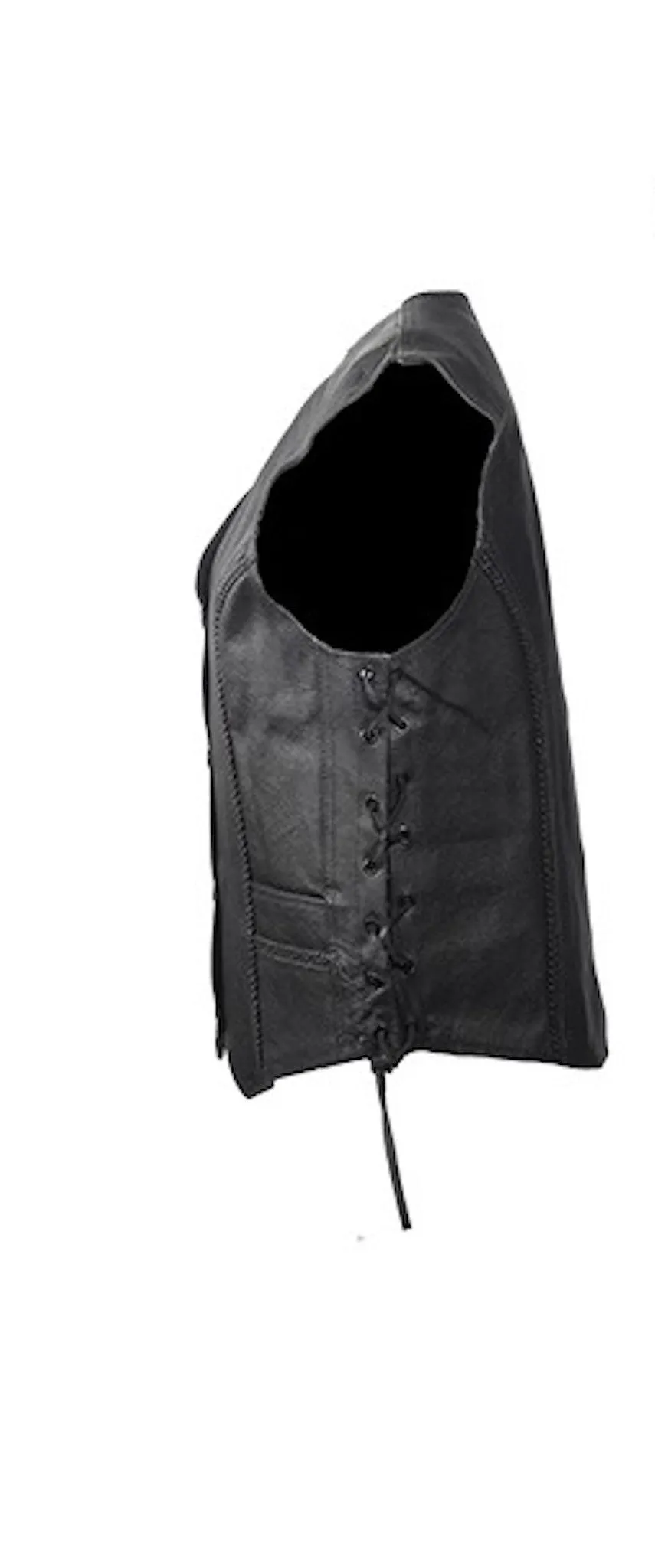 Women's Longer Cut Black Split Leather Motorcycle Vest With Braid on Front and Back Side Laces