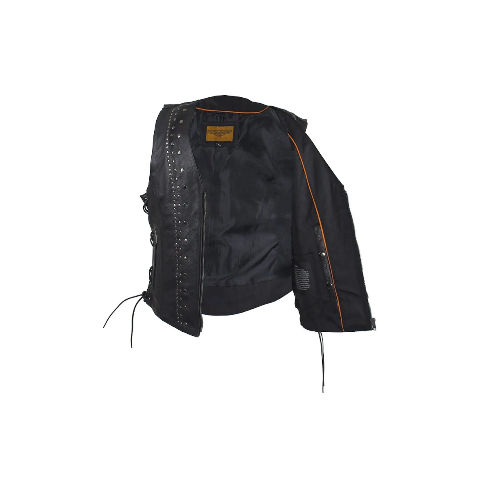 Women's Naked Leather Motorcycle Vest With Satin Nickel Studs and Gun Pockets