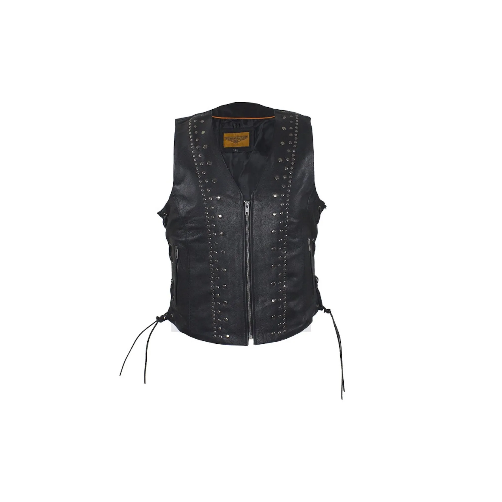 Women's Naked Leather Motorcycle Vest With Satin Nickel Studs and Gun Pockets